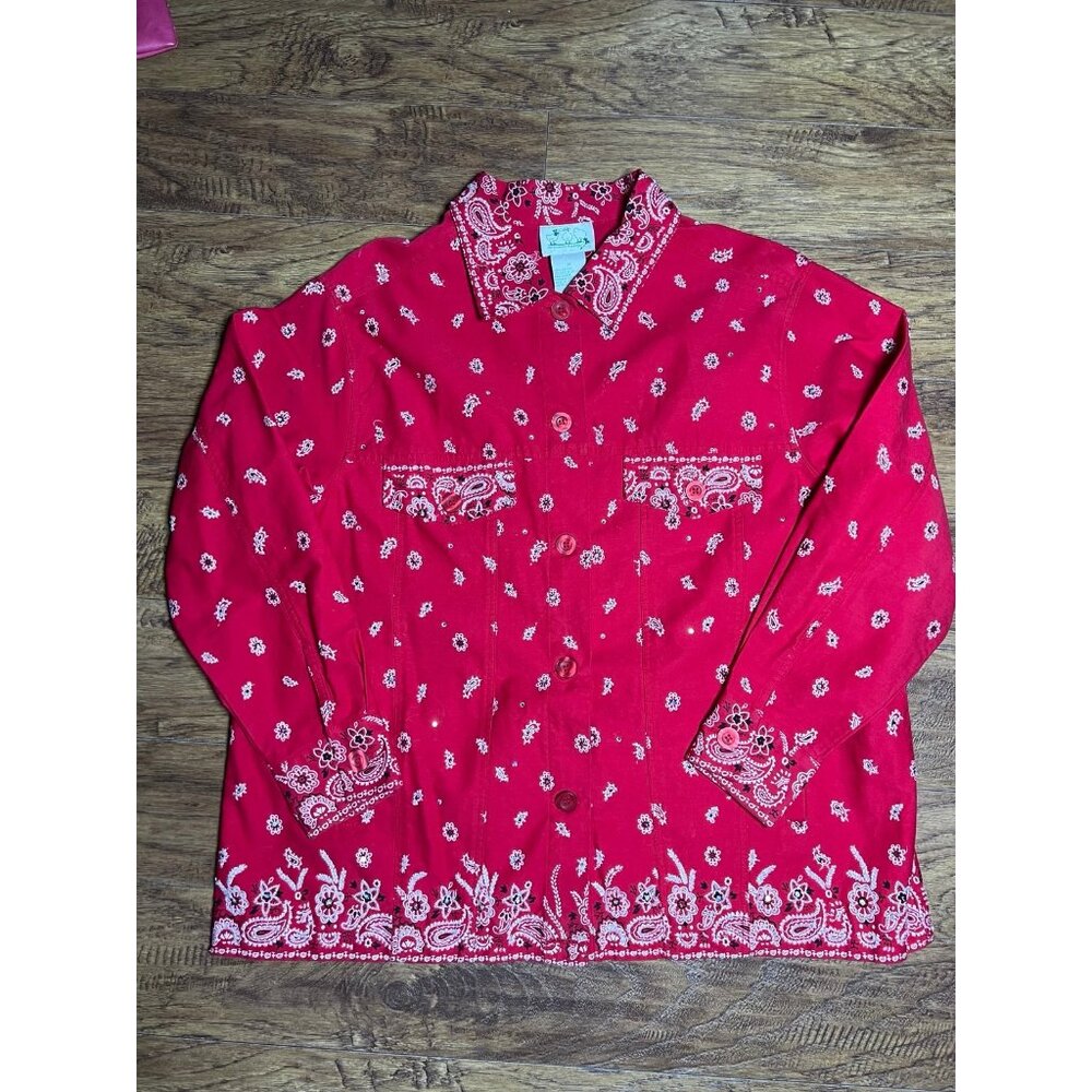Vintage Quacker Factory Red Bandanna Paisley Sequin Embellished Jacket - Size 1X